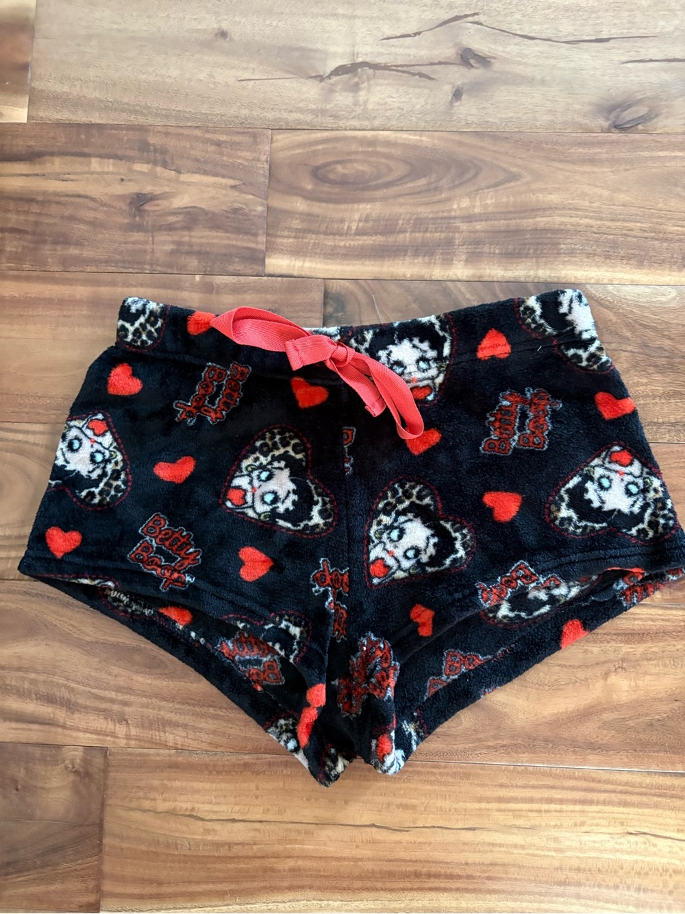 Betty Boop Black Plush Lounge Shorts with Red Hearts and Drawstring Large